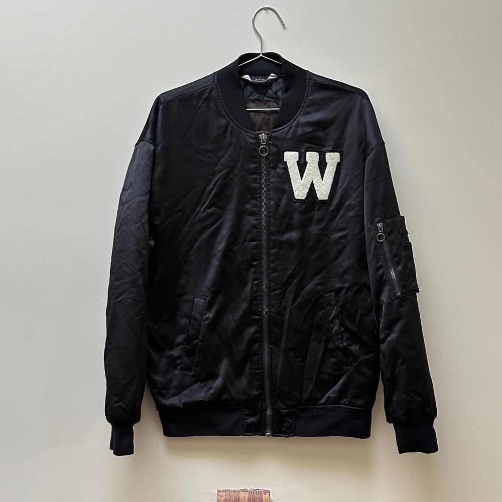 Zara Silk Bomber Jacket with Varsity Patch